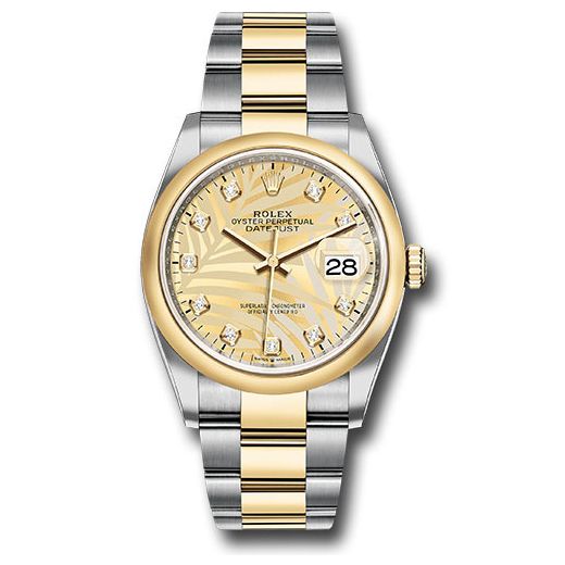 Đồng hồ Rolex Yellow Rolesor Datejust Domed Bezel Golden Palm Motif Diamond Dial Oyster Bracelet 126203 gpmdo 36mm
