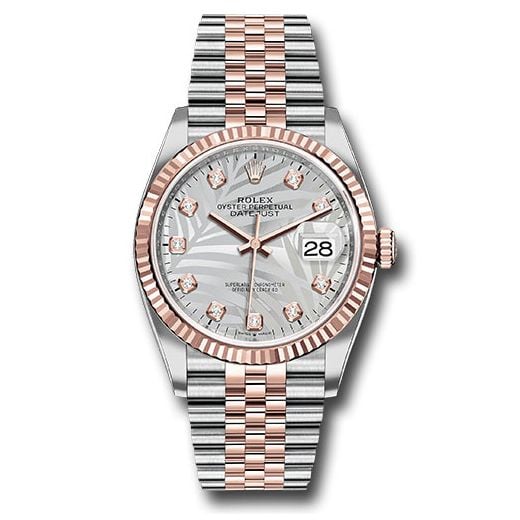 Đồng hồ Rolex Everose Rolesor Datejust Fluted Bezel Silver Palm Motif Diamond Dial Jubilee Bracelet 126231 spmdj 36mm