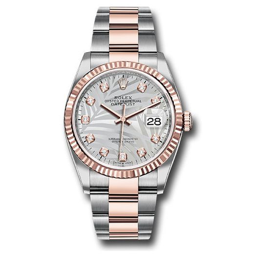 Đồng hồ Rolex Everose Rolesor Datejust Fluted Bezel Silver Palm Motif Diamond Dial Oyster Bracelet 126231 spmdo 36mm