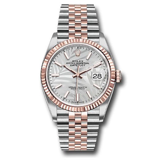 Đồng hồ Rolex Everose Rolesor Datejust Fluted Bezel Silver Palm Motif Index Dial Jubilee Bracelet 126231 spmij 36mm