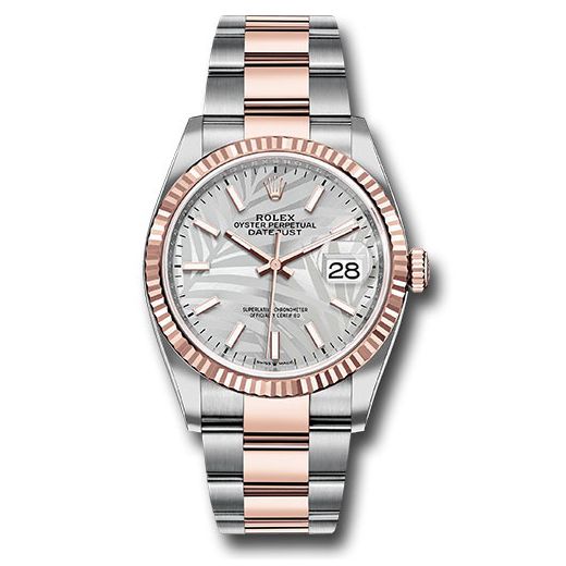 Đồng hồ Rolex Everose Rolesor Datejust Fluted Bezel Silver Palm Motif Index Dial Oyster Bracelet 126231 spmio 36mm