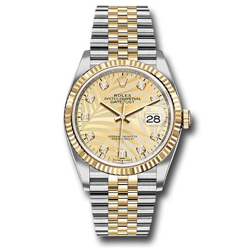 Đồng hồ Rolex Yellow Rolesor Datejust Fluted Bezel Golden Palm Motif Diamond Dial Jubilee Bracelet 126233 gpmdj 36mm