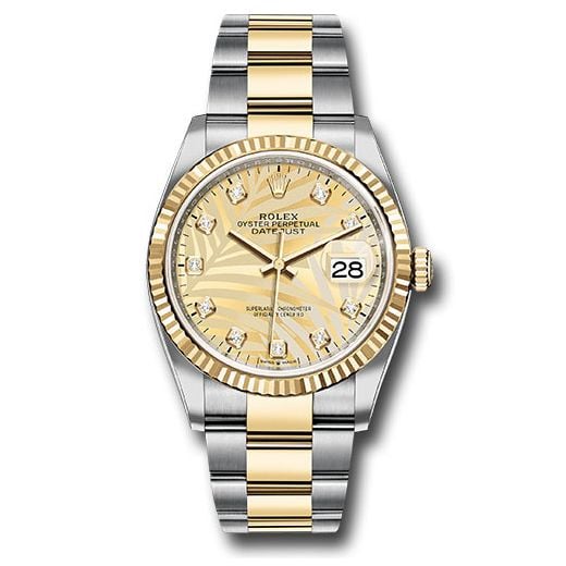 Đồng hồ Rolex Yellow Rolesor Datejust Fluted Bezel Golden Palm Motif Diamond Dial Oyster Bracelet 126233 gpmdo 36mm