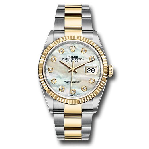 Đồng hồ Rolex Steel & Yellow Gold Rolesor Datejust Fluted Bezel White Mother-Of-Pearl Diamond Dial Oyster Bracelet 126233 mdo 36mm