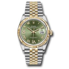 Đồng hồ Rolex Steel & Yellow Gold Rolesor Datejust Fluted Bezel Olive Green Roman Dial Jubilee Bracelet 126233 ogdr69j 36mm