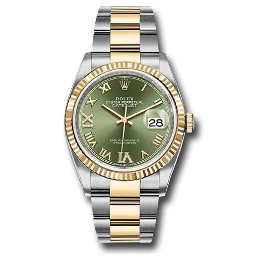 Đồng hồ Rolex Steel & Yellow Gold Rolesor Datejust Fluted Bezel Olive Green Roman Dial Oyster Bracelet 126233 ogdr69o 36mm