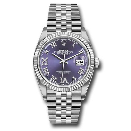 Đồng hồ Rolex Steel Datejust Fluted Bezel Aubergine Purple Diamond Roman VI & IX Dial Jubilee Bracelet 126234 audr69j 36mm