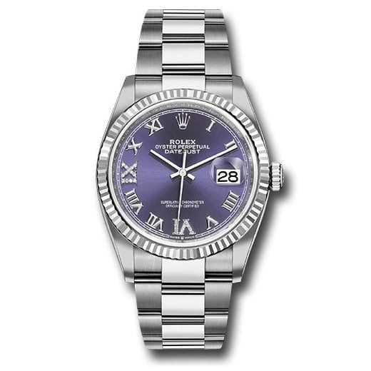 Đồng hồ Rolex Steel Datejust Fluted Bezel Aubergine Purple Diamond Roman VI & IX Dial Oyster Bracelet 126234 audr69o 36mm