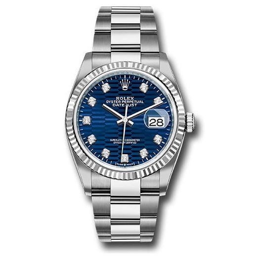 Đồng hồ Rolex White Rolesor Datejust Fluted Bezel Bright Blue Fluted Motif Diamond Dial Oyster Bracelet 126234 blflmdo 36mm
