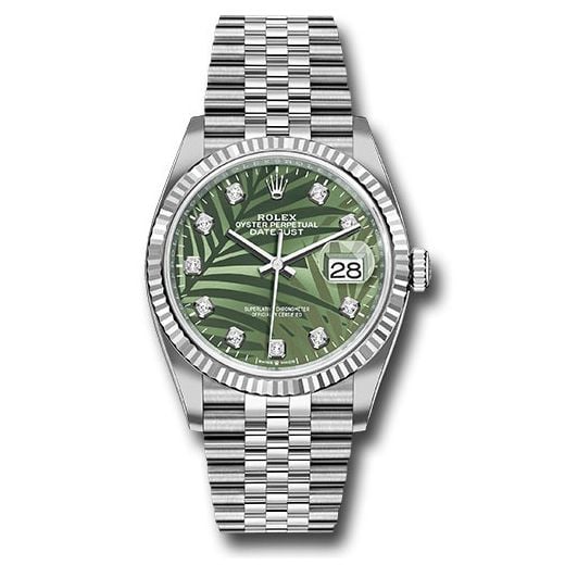Đồng hồ Rolex White Rolesor Datejust Fluted Bezel Olive Green Palm Motif Diamond 6 Dial Jubilee Bracelet 126234 ogpmdj 36mm