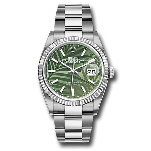 Đồng hồ Rolex White Rolesor Datejust Fluted Bezel Olive Green Palm Motif Dial Oyster Bracelet 126234 ogpmio 36mm 2021 Release