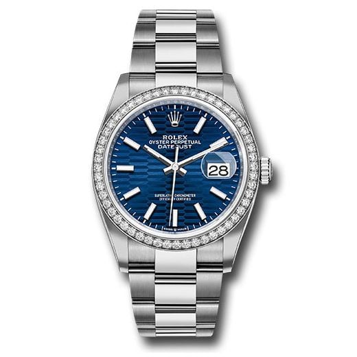 Đồng hồ Rolex White Rolesor Datejust Diamond Bezel Bright Blue Fluted Motif Index Dial Oyster Bracelet 126284rbr blflmio 36mm