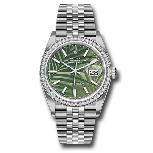 Đồng hồ Rolex White Rolesor Datejust Diamond Bezel Olive Green Palm Motif Index 6 Dial Jubilee Bracelet 126284rbr ogpmij 36mm