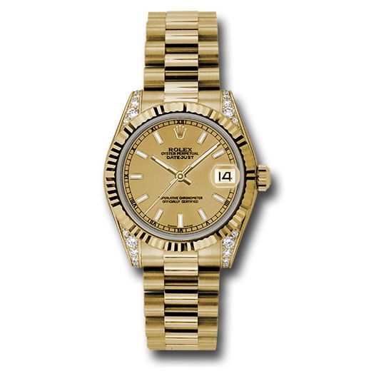 Đồng hồ Rolex Yellow Gold Datejust Fluted Bezel Champagne Index Dial President Bracelet 178238 chip 31mm