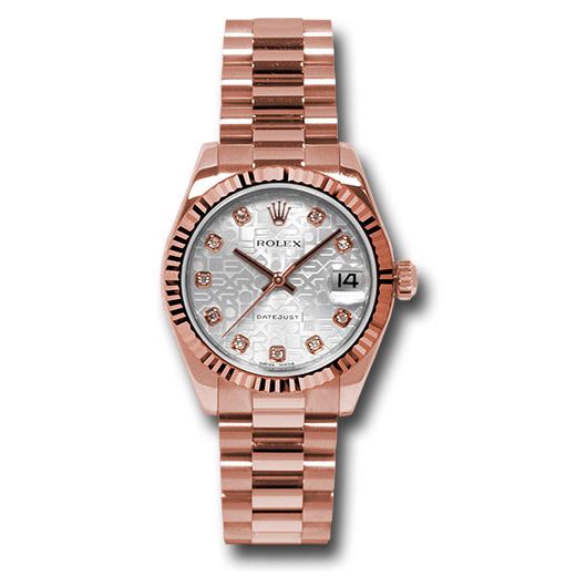 Đồng hồ Rolex Pink Gold Datejust Fluted Bezel Silver Jubilee Diamond Dial President Bracelet 178275 sjdp 31mm