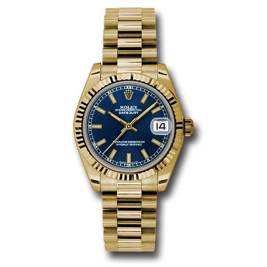 Đồng hồ Rolex Yellow Gold Datejust Fluted Bezel Blue Index Dial President Bracelet 178278 blip 31mm