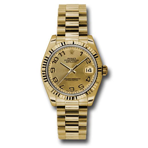 Đồng hồ Rolex Yellow Gold Datejust Fluted Bezel Champagne Concentric Circle Arabic Dial President Bracelet 178278 chcap 31mm