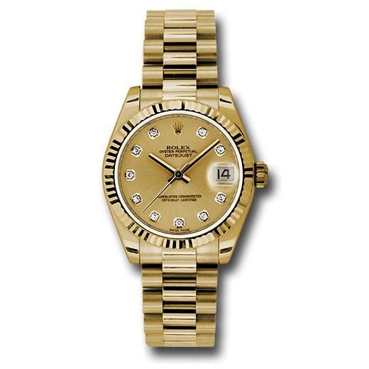 Đồng hồ Rolex Yellow Gold Datejust Fluted Bezel Champagne Diamond Dial President Bracelet 178278 chdp 31mm