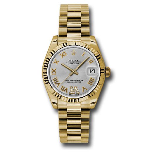 Đồng hồ Rolex Yellow Gold Datejust Fluted Bezel Silver Diamond Roman Vi Roman Dial President Bracelet 178278 sdrp 31mm