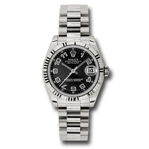 Đồng hồ Rolex White Gold Datejust Fluted Bezel Black Concentric Circles Arabic Dial President Bracelet 178279 bkcap 31mm
