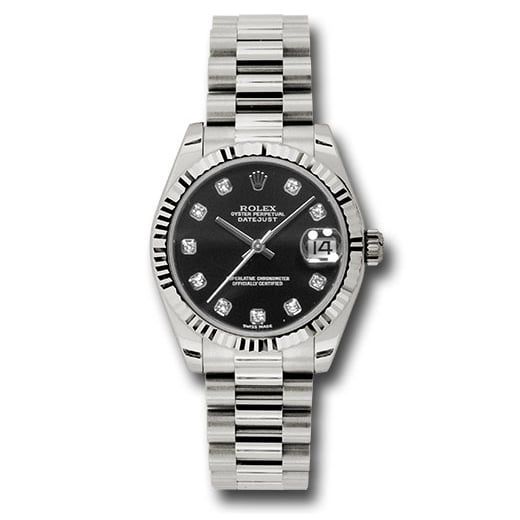 Đồng hồ Rolex White Gold Datejust Fluted Bezel Black Diamond Dial President Bracelet 178279 bkdp 31mm