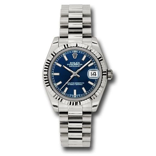 Đồng hồ Rolex White Gold Datejust Fluted Bezel Blue Index Dial President Bracelet 178279 blip 31mm