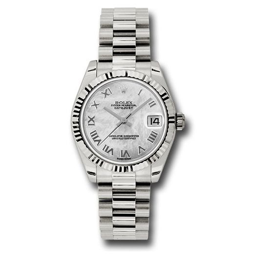 Đồng hồ Rolex White Gold Datejust Fluted Bezel Mother-Of-Pearl Roman Dial President Bracelet 178279 mrp 31mm