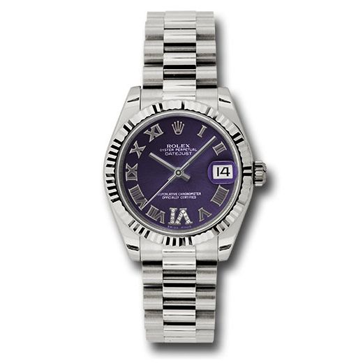 Đồng hồ Rolex White Gold Datejust Fluted Bezel Purple Diamond Roman Vi Roman Dial President Bracelet 178279 pdrp 31mm