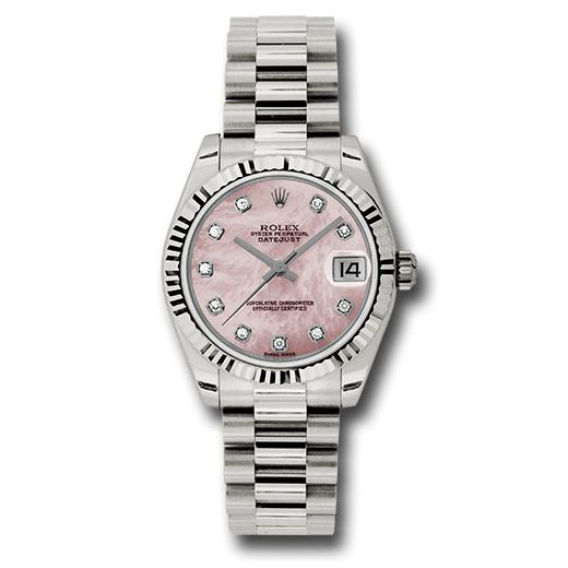 Đồng hồ Rolex White Gold Datejust Fluted Bezel Pink Mother-Of-Pearl Diamond Dial President Bracelet 178279 pmdp 31mm
