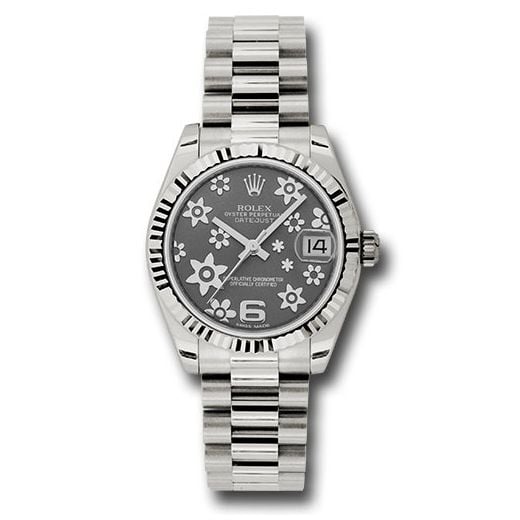 Đồng hồ Rolex White Gold Datejust Fluted Bezel Dark Rhodium Floral Motif Dial President Bracelet 178279 rfp 31mm