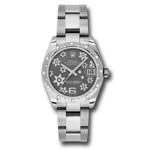 Đồng hồ Rolex Steel & White Gold Datejust 24 Diamond Bezel Dark Rhodium Floral Motif Dial Oyster Bracelet 178344 rfo 31mm
