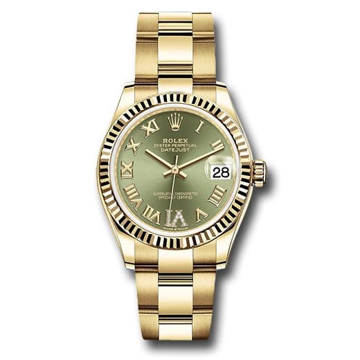 Đồng hồ Rolex Yellow Gold Datejust Fluted Bezel Olive Green Diamond Six Dial Oyster Bracelet 278278 ogdr6o 31mm
