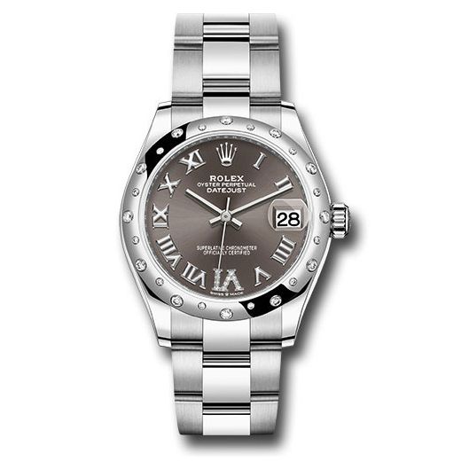 Đồng hồ Rolex Steel & White Gold Datejust Domed 24 Diamond Bezel Dark Grey Roman Diamond 6 Dial Oyster Bracelet 278344RBR dkgdr6o 31mm