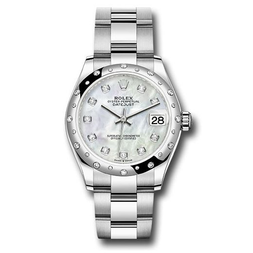 Đồng hồ Rolex Steel & White Gold Datejust Domed 24 Diamond Bezel White Mother-Of-Pearl Diamond Dial Oyster Bracelet 278344RBR mdo 31mm