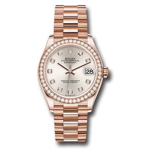 Đồng hồ Rolex Everose Gold Datejust  Diamond Bezel Silver Diamond Dial President Bracelet 278285RBR sdp 31mm