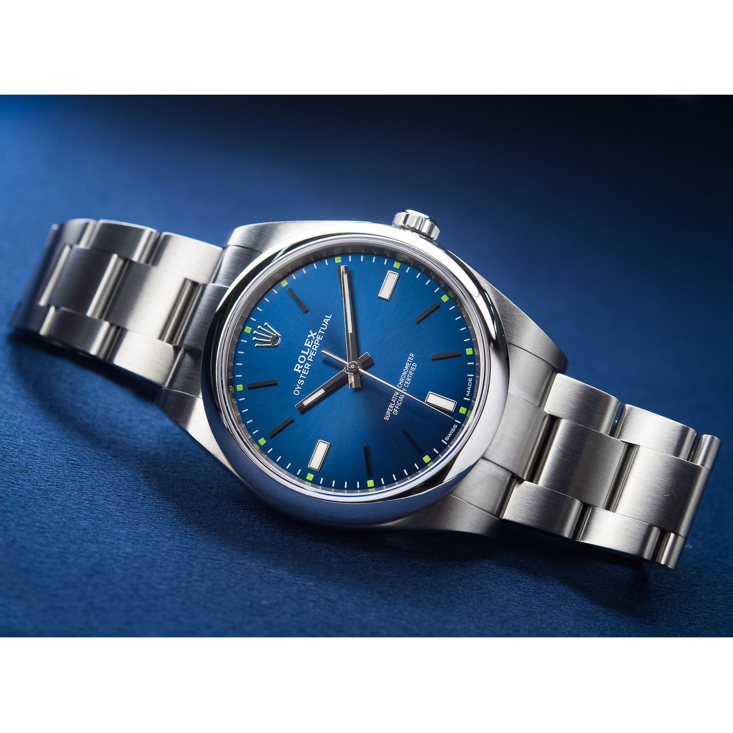 Rolex Steel Oyster Perpetual Domed Bezel Blue Dial 114300 Blio