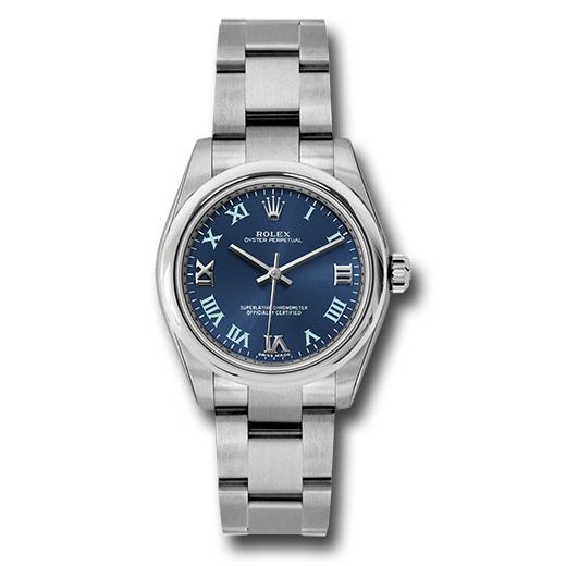 Đồng hồ Rolex Steel Oyster Perpetual Domed Bezel Azzuro Blue Gold Iii VI Ix Roman Dial 177200 blro 31mm