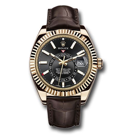 Đồng hồ Rolex Yellow Gold Sky-Dweller Black Index Dial Brown Leather Strap 326138 bk 42mm