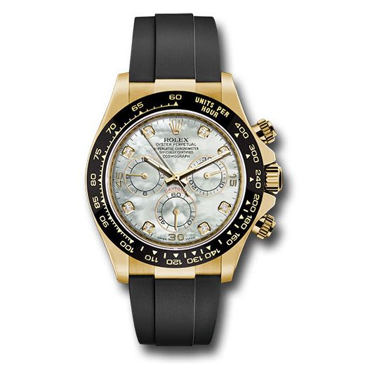 Đồng hồ Rolex Yellow Gold Cosmograph Daytona White Mother-Of-Pearl Diamond Dial Black Oysterflex Strap 116518LN mdof 40mm