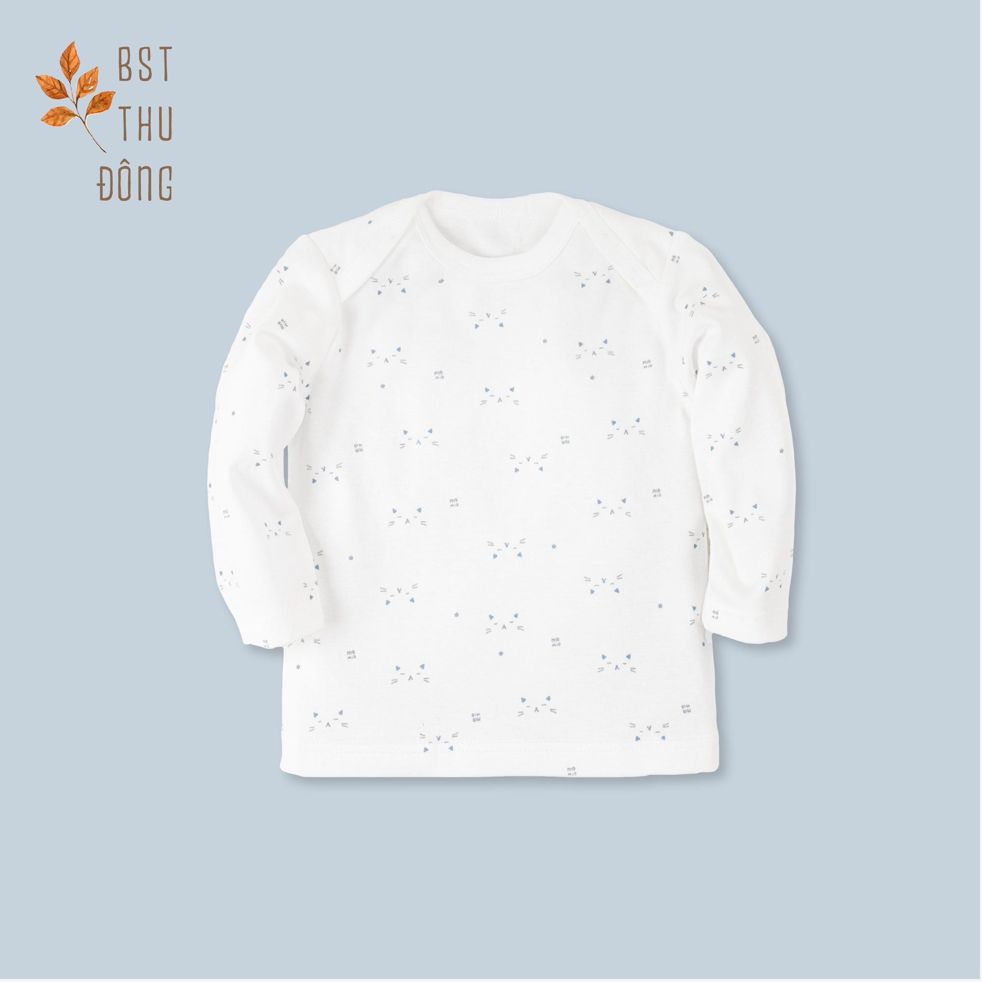 Áo sơ sinh tay dài cổ chồm Mèo dày xanh