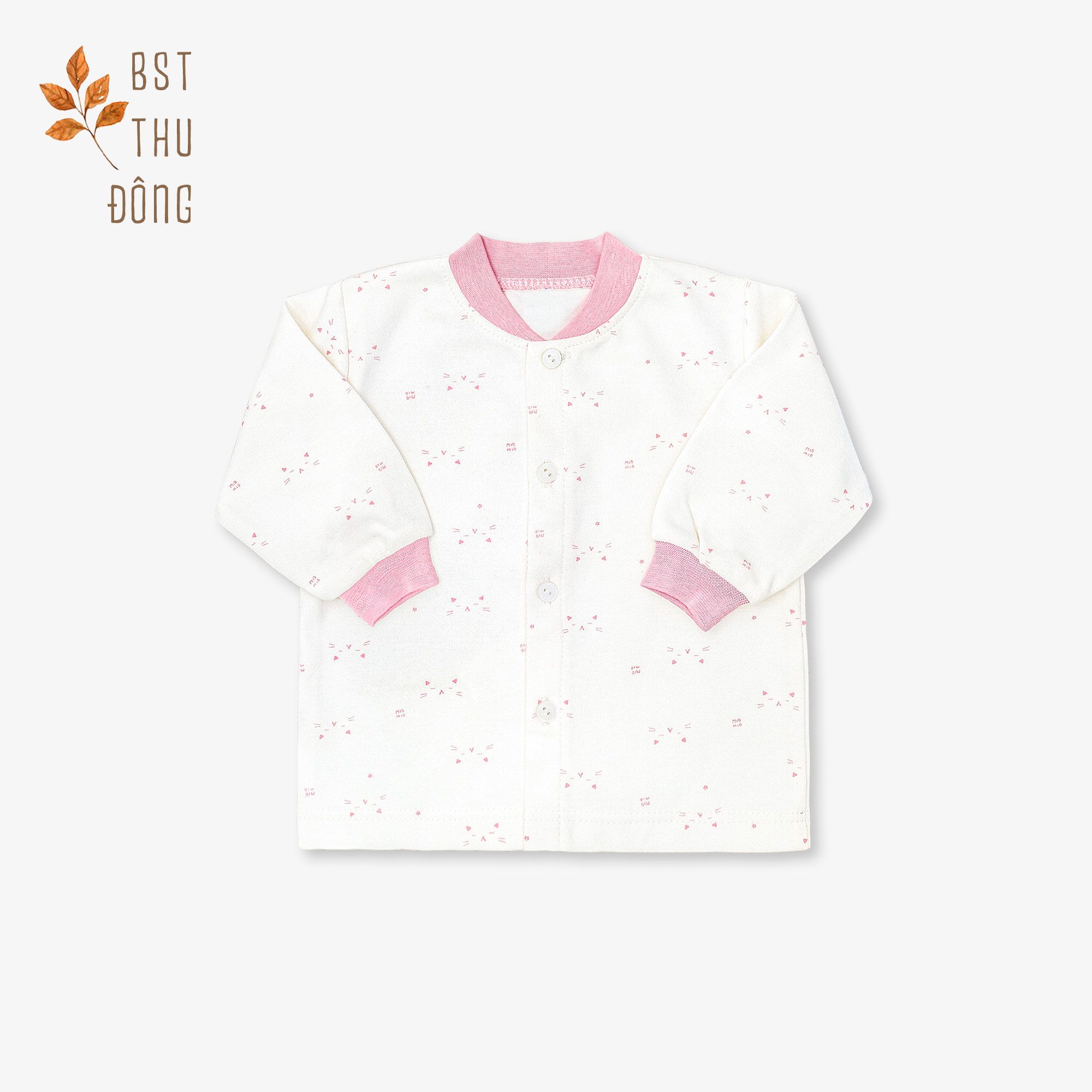 Áo sơ sinh tay dài nút giữa  bo Mèo dày hồng