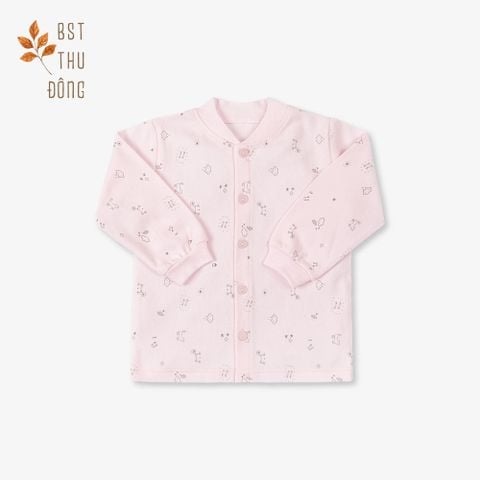 Áo sơ sinh tay dài nút giữa  bo Mèo Mây dày hồng