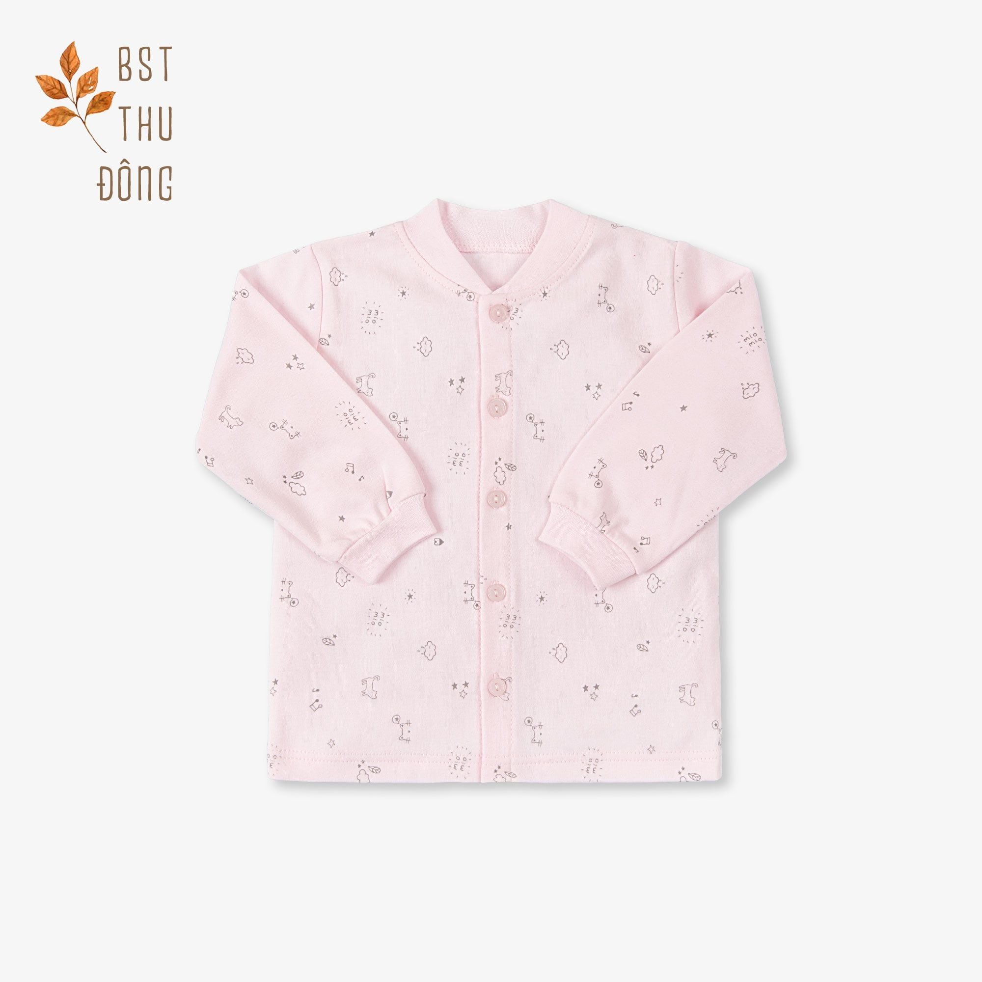 Áo sơ sinh tay dài nút giữa  bo Mèo Mây dày hồng