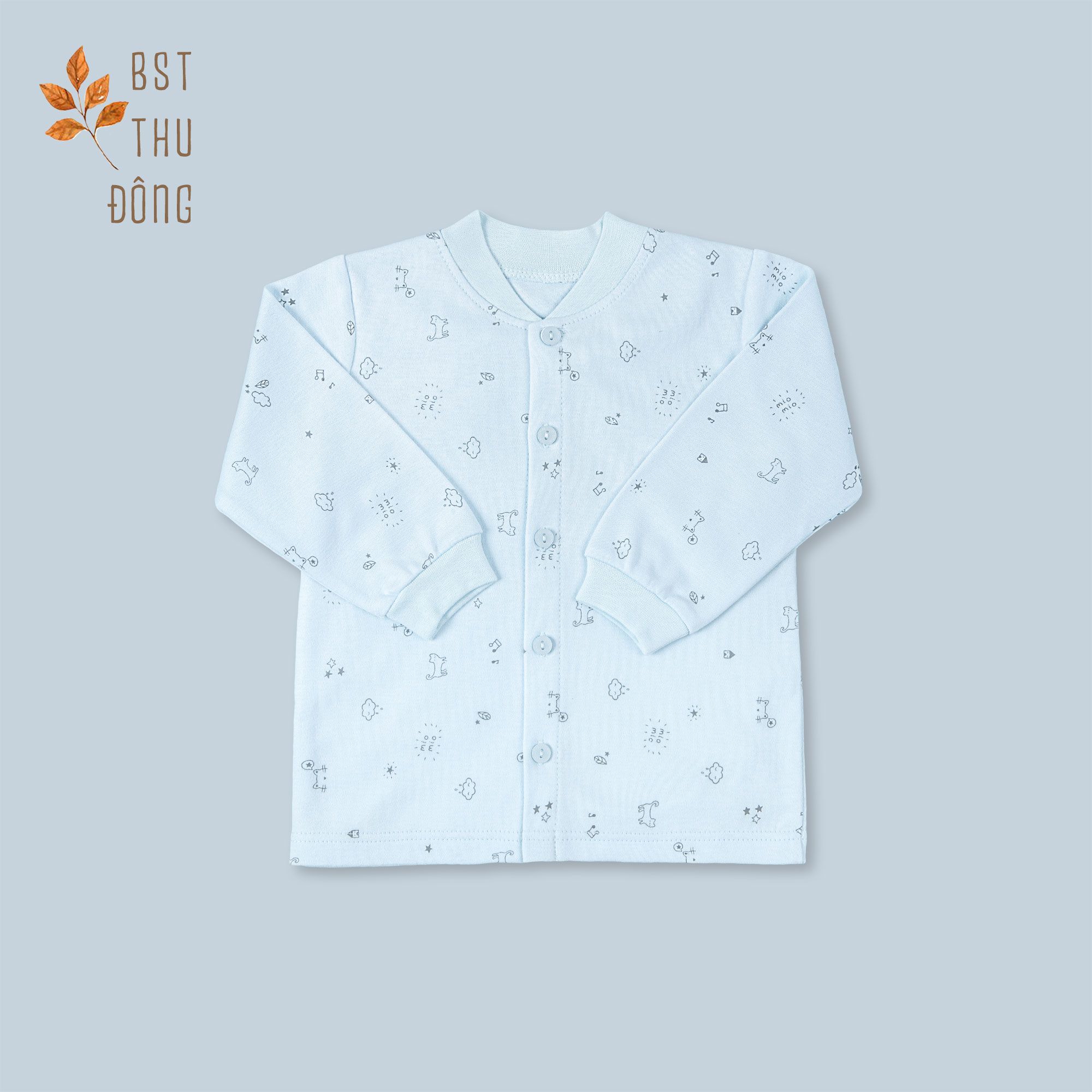 Áo sơ sinh tay dài nút giữa  bo Mèo Mây dày xanh