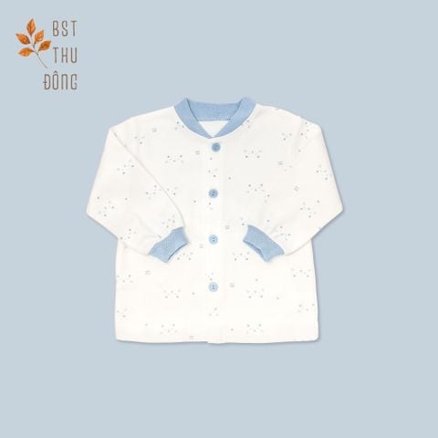 Áo sơ sinh tay dài nút giữa  bo Mèo dày xanh