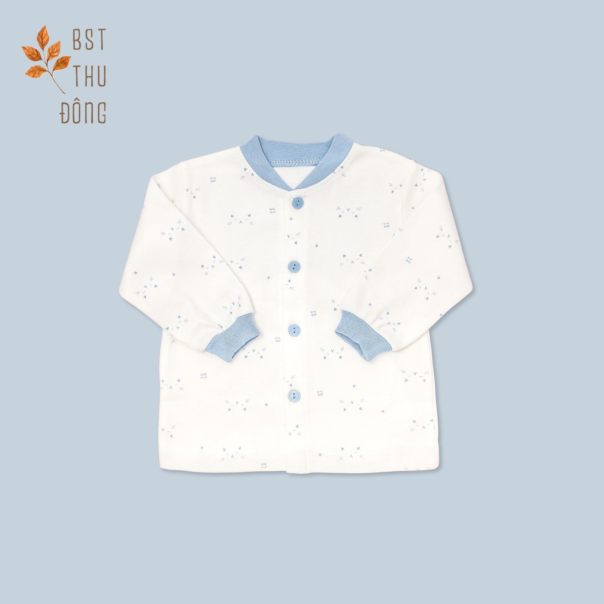 Áo sơ sinh tay dài nút giữa  bo Mèo dày xanh