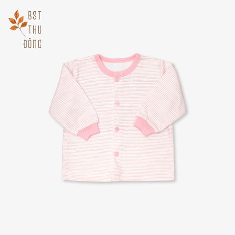 Áo sơ sinh tay dài nút giữa  bo Sọc dày hồng
