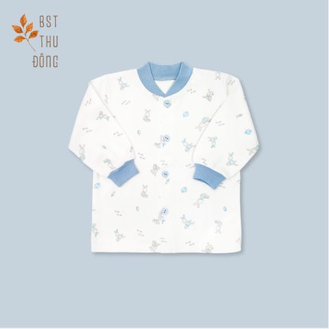 Áo sơ sinh tay dài nút giữa  bo Thỏ dày xanh