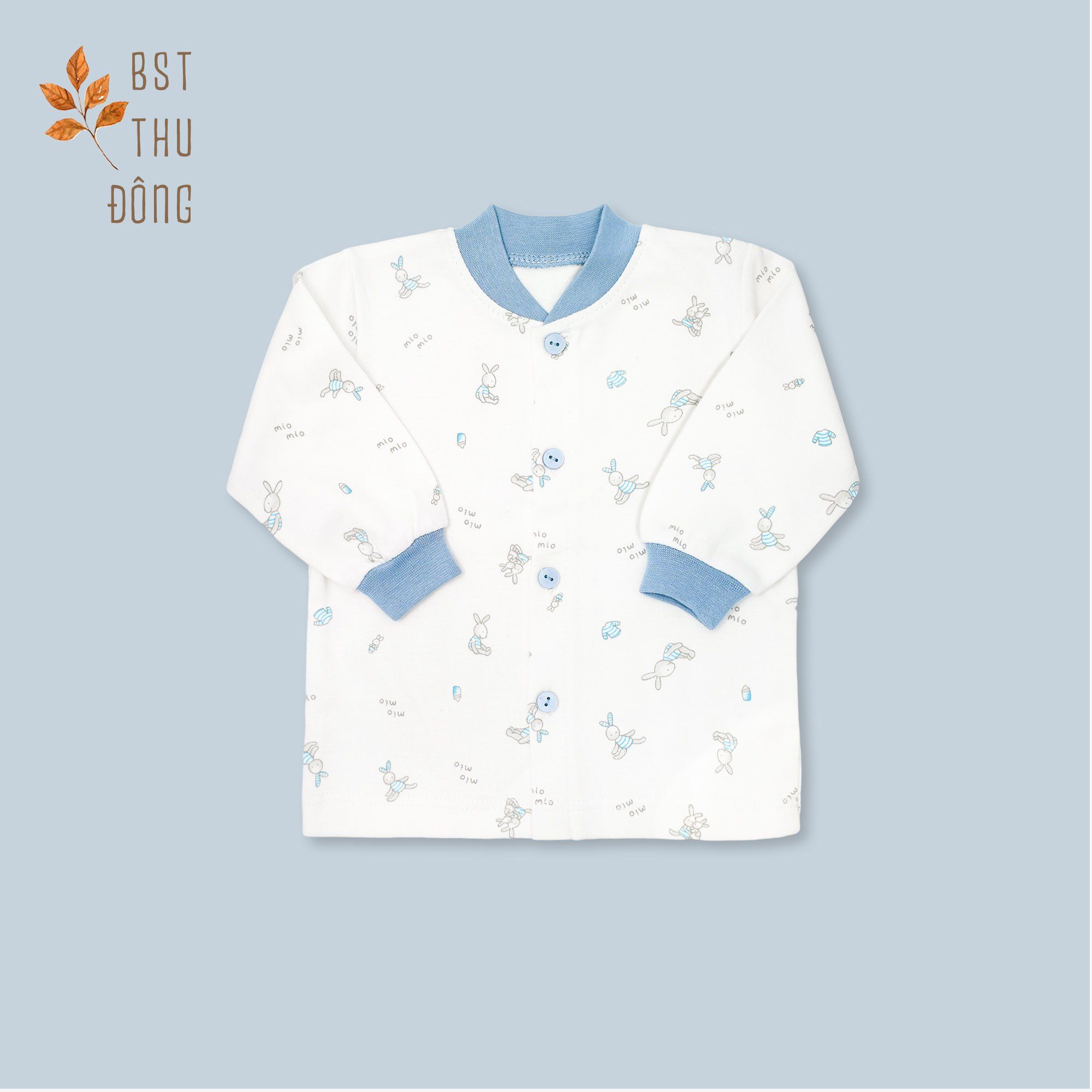 Áo sơ sinh tay dài nút giữa  bo Thỏ dày xanh