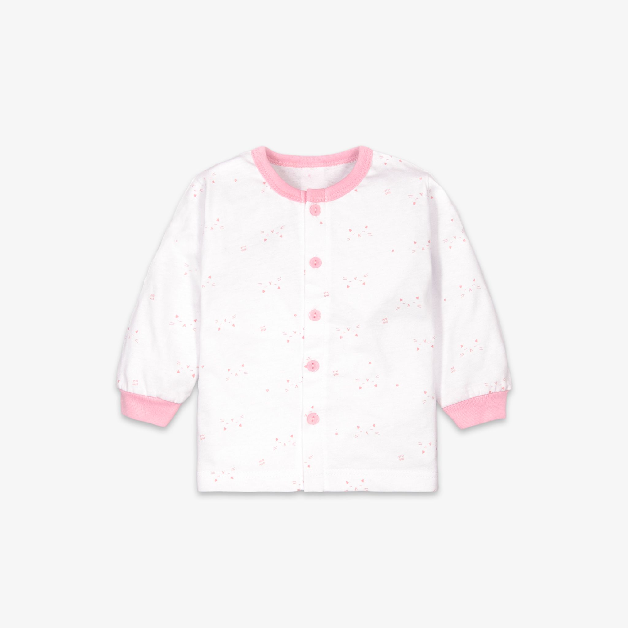 Áo sơ sinh tay dài nút giữa Mặt mèo hồng